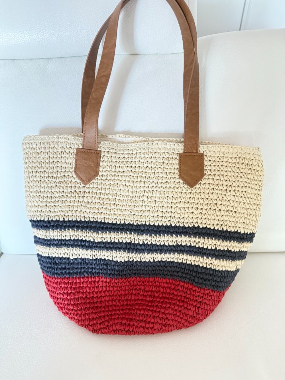 NWT TOMMY BAHAMA RED NAVY & NATURAL STRAW TOTE BAG FLAG - Picture 3 of 5